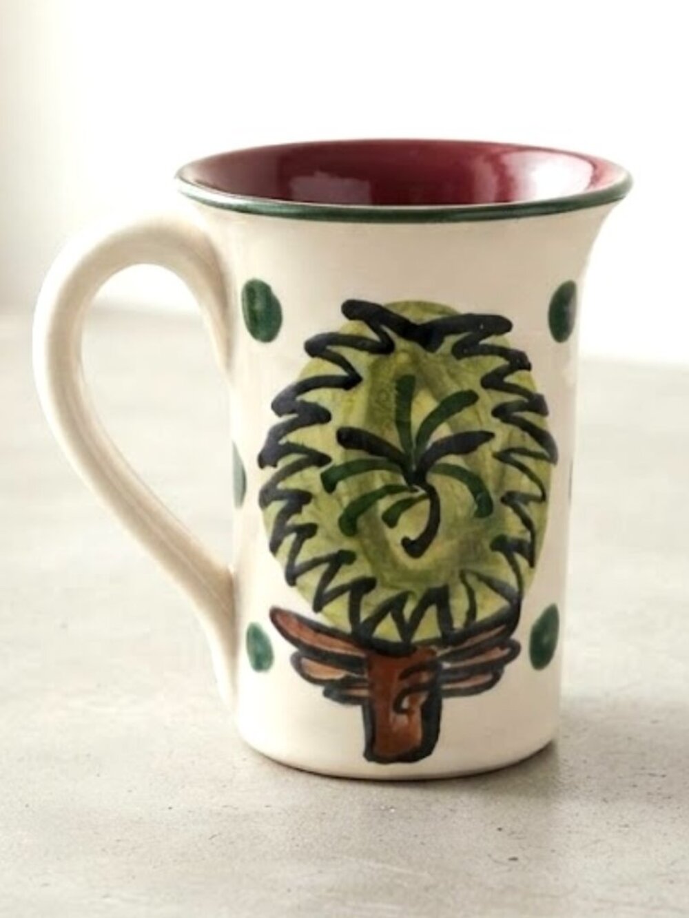 Hand Painted Ceramic Mug Folk Art Tree Burgundy Green Cottagecore Pottery 5 Inch